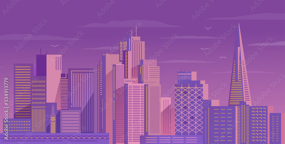 Downtown San Francisco night.  American city skyscrapers.Flat Vector Illustration.