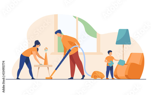 Happy family housekeeping together flat vector illustration. Daughter, mother and father working for household and clean home. Housekeeping and house concept