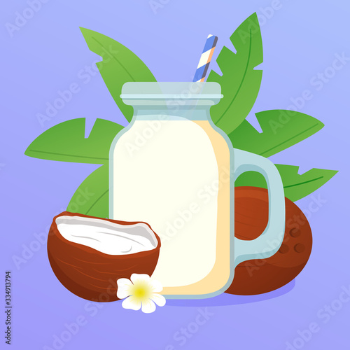 Jar with smoothie coconut shake cocktail.Natural tropical nut beverage  .Vector illustration in flat.