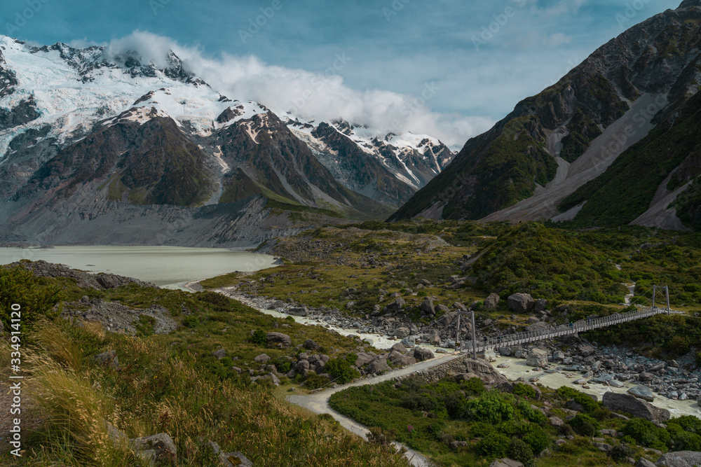 Mueller lake, Mt Cook National Park, New Zealand - January 9, 2020 : Mueller lake with the footbridge crossing the Hooker river