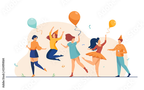 Happy excited people dancing at party flat vector illustration. Cheerful group of friends having fun together. Entertainment and celebration concept.