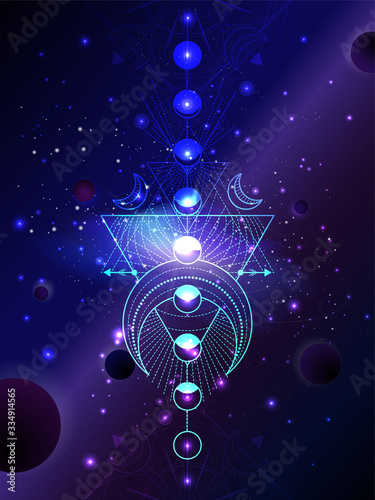 Vector illustration of Sacred geometric symbol against the space background with planets and stars.