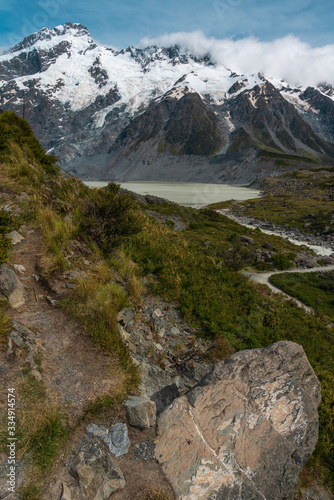 Mueller lake, Mt Cook National Park, New Zealand - January 9, 2020 : Mueller lake from the Hooker Valley track