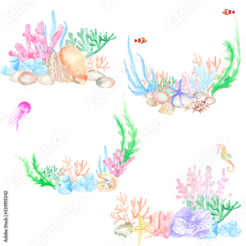 Watercolor illustration of a collection of marine compositions. Good for decorating postcards  invitations  logos  websites  textiles  souvenirs  photo albums  decoupage and other creative ideas.