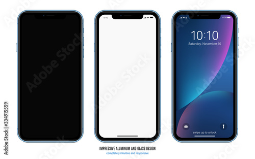 smartphone blue color with black, blank and colored touchscreen isolated on white background. realistic mobile phone mockup. stock vector illustration