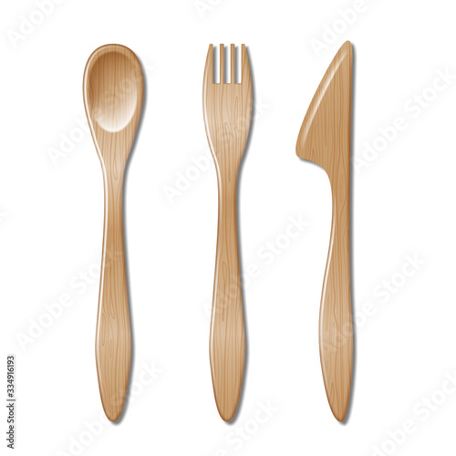 Spoon, fork and knife isolated on white background. Set of wooden cutlery, spoon, disposable fork and knife. vector illustration.
