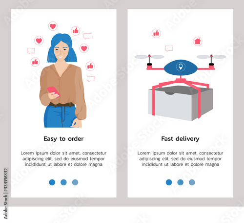 Vector illustration with mobile application for contactless delivery. Stay home, make your reservation easy. Parcel flies on a drone. Girl makes an order