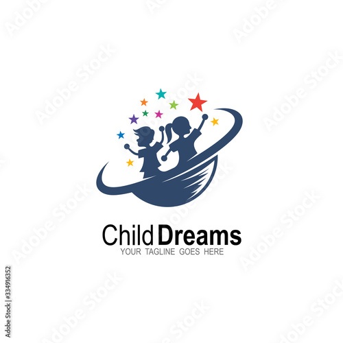 Kids logo design template, Abstract illustration of logo template happy children. globe icon, education logo
