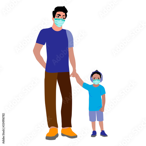 A family. Mom, dad and masked children. Quarantine and self-isolation measures in Europe.
