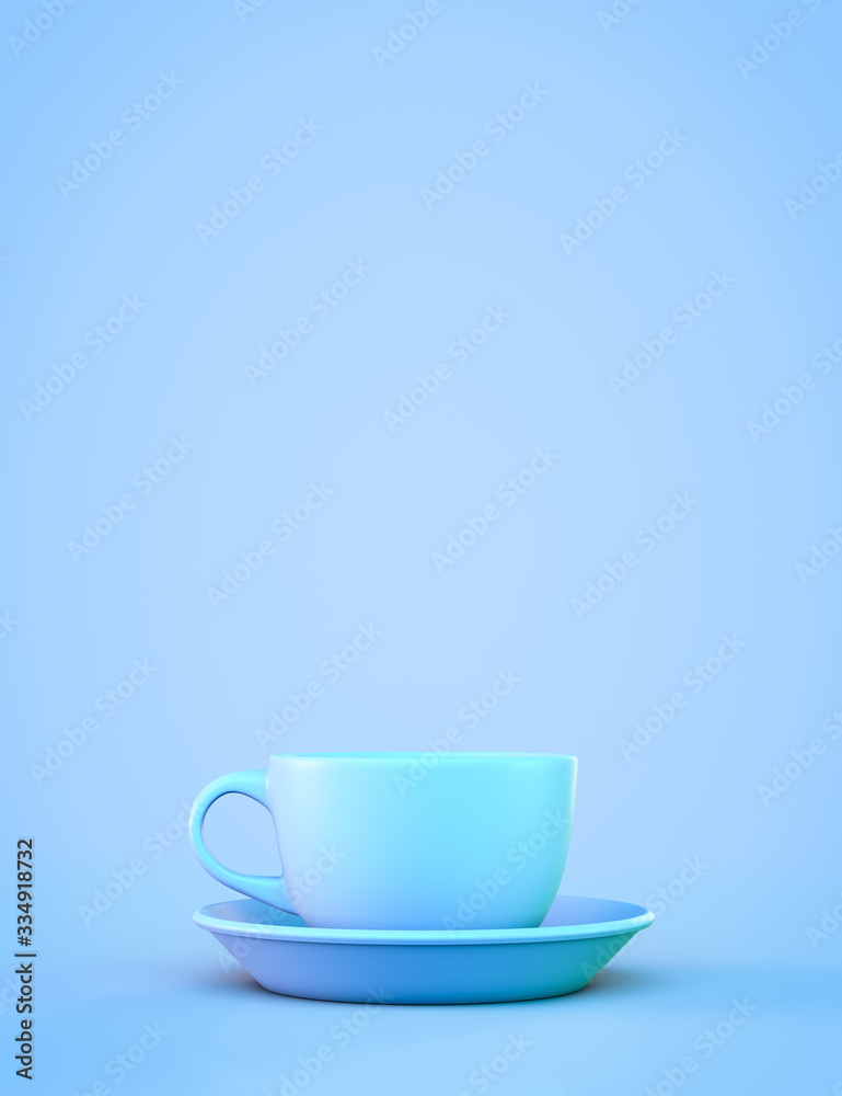 Blue tea mug with saucer on a blue background. With copyspace. Blue tea mug with saucer on a blue background. With copyspace.
