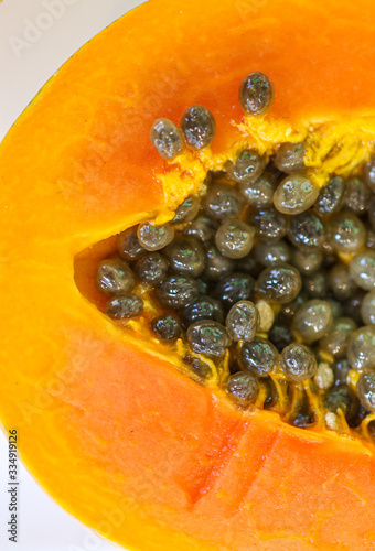 Seeds in orange papaya fruit.