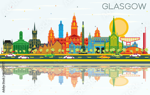 Glasgow Scotland City Skyline with Color Buildings, Blue Sky and Reflections.