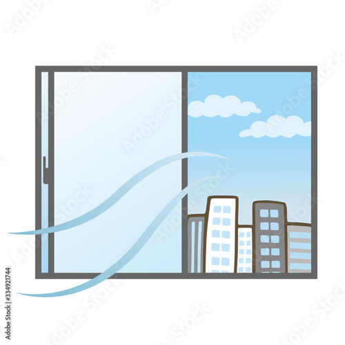 開けた窓から空気を換気しているイメージイラスト。背景にビルなどの町並み。