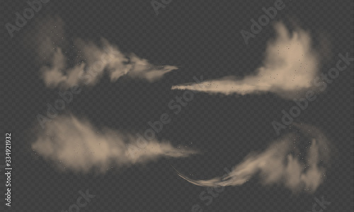 Dust cloud, sand storm, powder spray on transparent background. Desert wind with cloud of dust and sand. Realistic vector illustration.