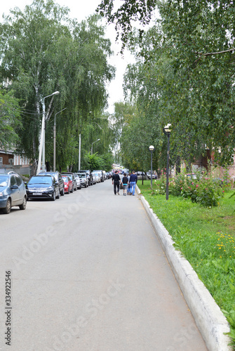 View of people walking along the street along the street with trees, cars are parked on the left