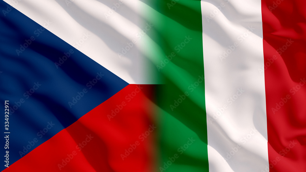 Waving Italy and Czech Republic National Flags with Fabric Texture