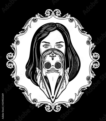 Beautiful woman holding a plague doctor mask -medieval gothic tattoo style.Symbol of unity, solidarity and support in a health crisis. Isolated vector illustration.