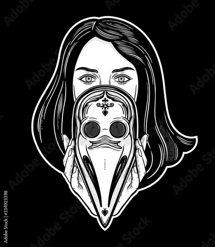 Beautiful woman holding a plague doctor mask -medieval gothic tattoo style.Symbol of unity, solidarity and support in a health crisis. Isolated vector illustration.