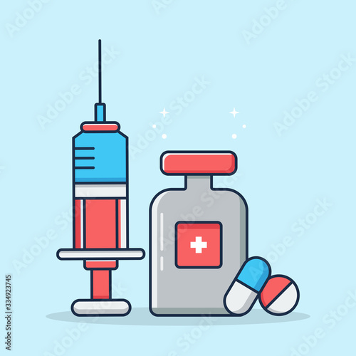 Vector Injection and Medicine Bottle Flat Illustration