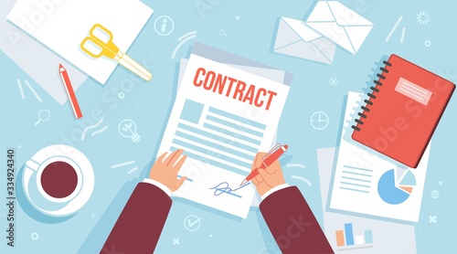 Singing Business Contract, Making Official Agreement or Statement, Bank Loan Approval, Getting Insurance Trendy Flat Vector Concept. Businessman Writing Signature on Contract Document Illustration