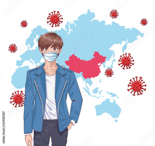 man with face mask and covid19 particles in old continent map