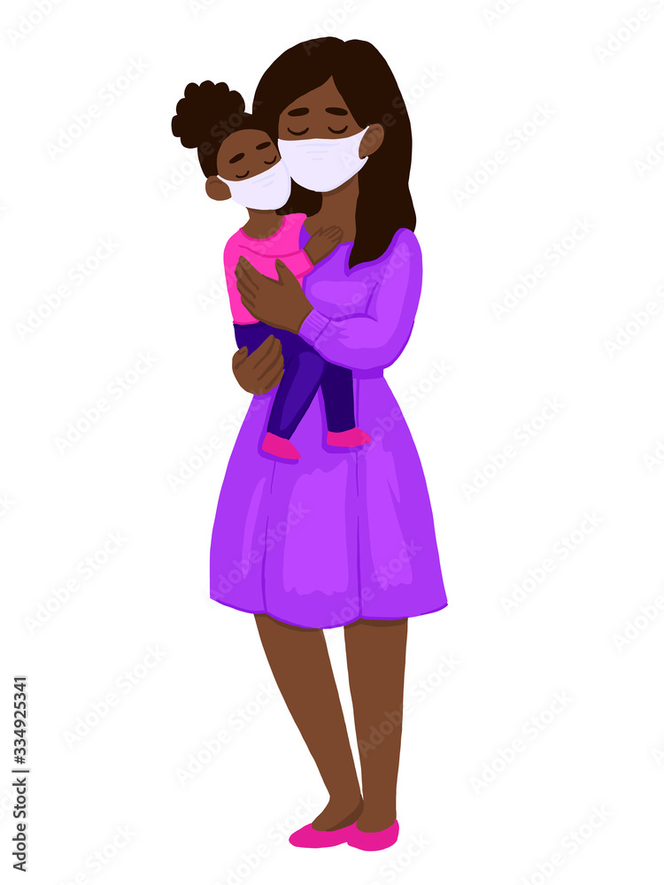 Novel coronavirus, african american woman and child in medical face masks. Concept of coronavirus quarantine, pandemic medical health risk, quarantine and respiratory virus. Flat Vector illustration Novel coronavirus, african american woman and child in medical face masks. Concept of coronavirus quarantine, pandemic medical health risk, quarantine and respiratory virus. Flat Vector illustration