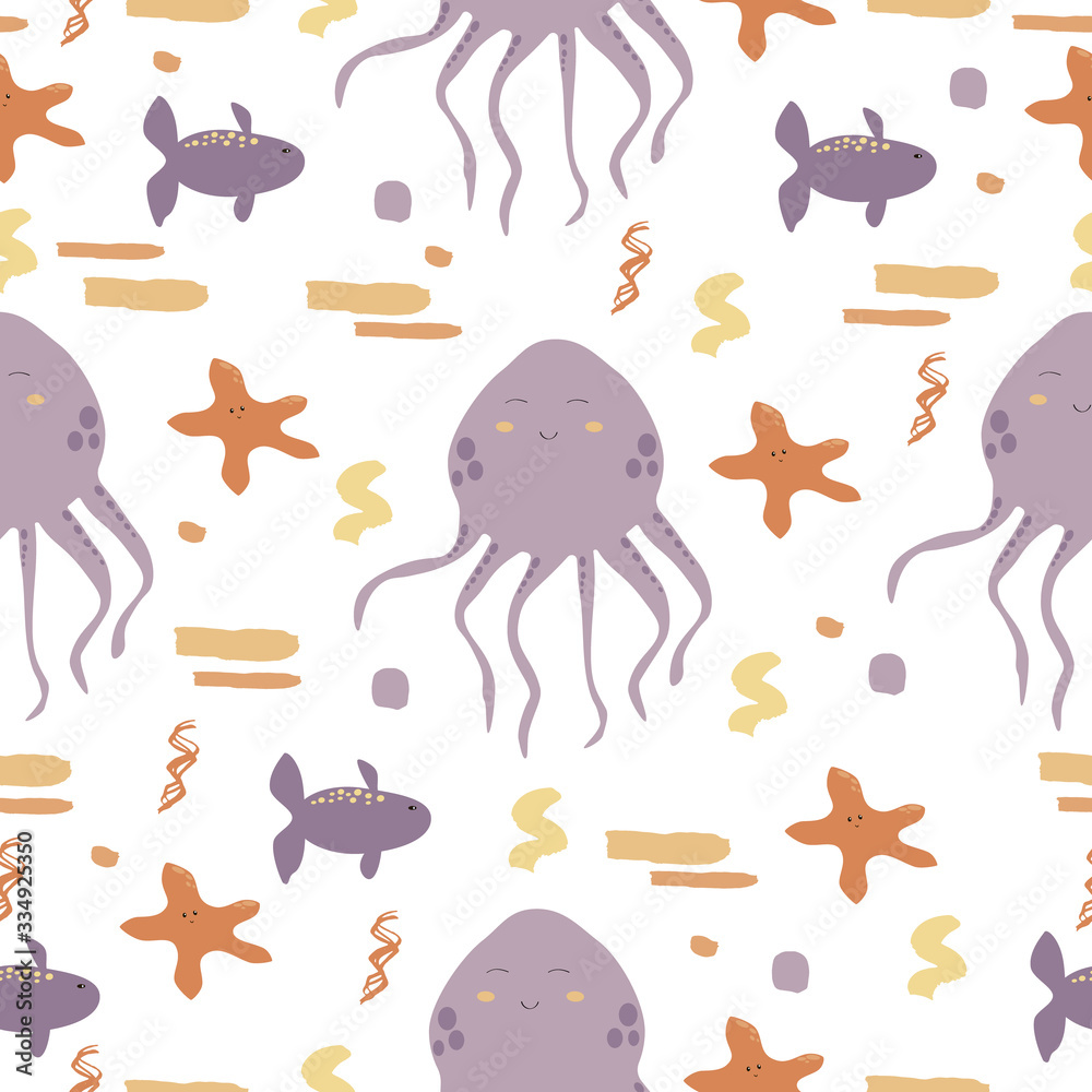 Fototapeta premium Marine life seamless pattern vector illustration octopus, fish, starfish. Trendy flat style design seamless pattern stock vector illustration for wrapping paper, textile, wallpaper, textile
