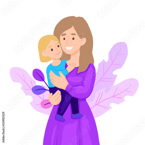 Mom hugging her child girl. Mother embracing little daughter and expressing love and care. Lovely cartoon characters isolated on white background.