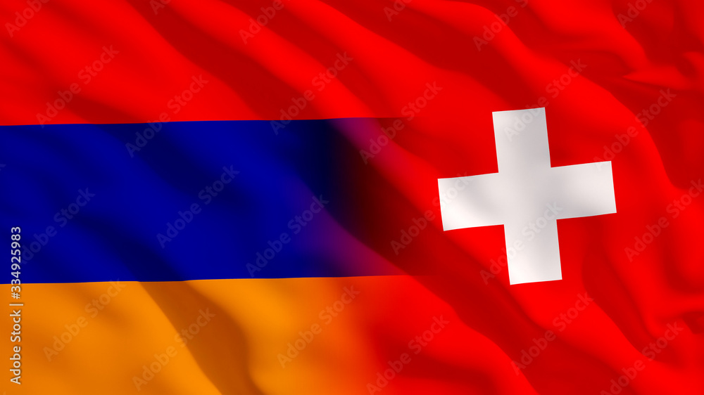 Obraz premium Waving Switzerland and Armenia National Flags with Fabric Texture