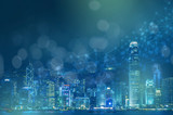 Hong Kong cityscape with bokeh and connection line. Business concept background.