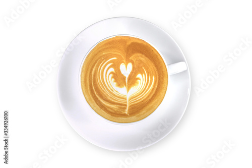 Top view of hot latte coffee with beautiful latte art in white ceramic cup isolated on white background with clipping path