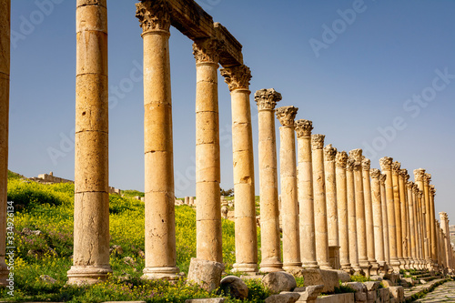 Pillars of the Colonnaded Street at the Roman historical site of Gerasa, Jerash, Jordan
