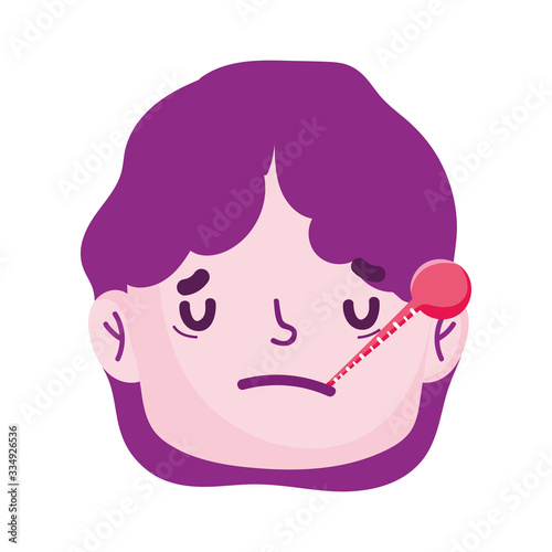 sick man face cartoon thermometer fever symptoms covid 19 coronavirus pandemic