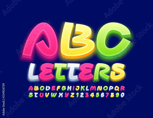 Vector Bright Alphabet. Colorful Glowing Font. Creative handwritten Letters and Numbers