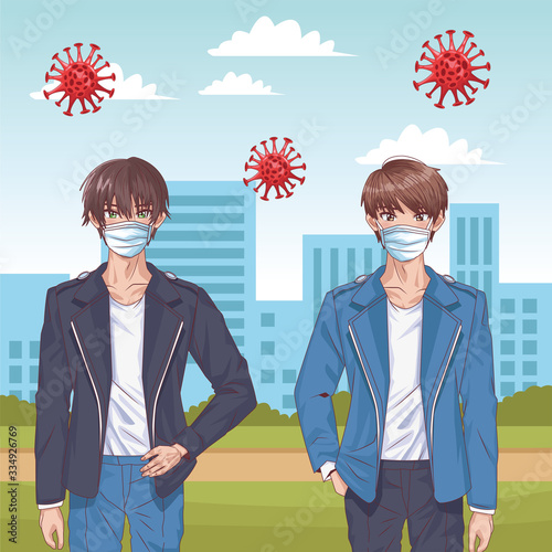 boys with face masks and covid19 particles on the city
