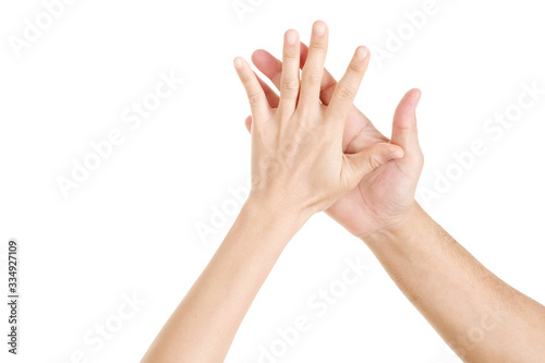 Two hands hi five isolated on white background. Woman hands and man hands hi five.