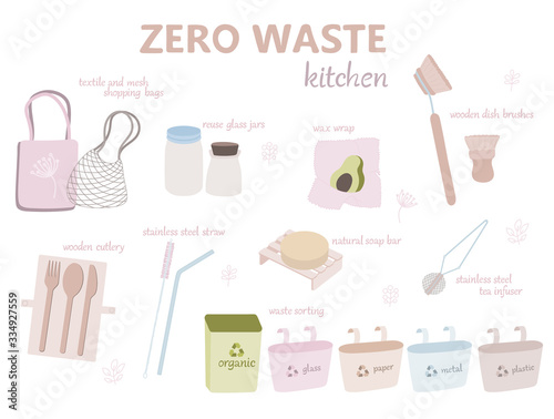 Zero waste set of vector objects that can be used on kitchen (shopping bags, straw, jars, bee wax wrap, dish brushes, sorting containers). Soft pastel colors, flat minimal style and lettering