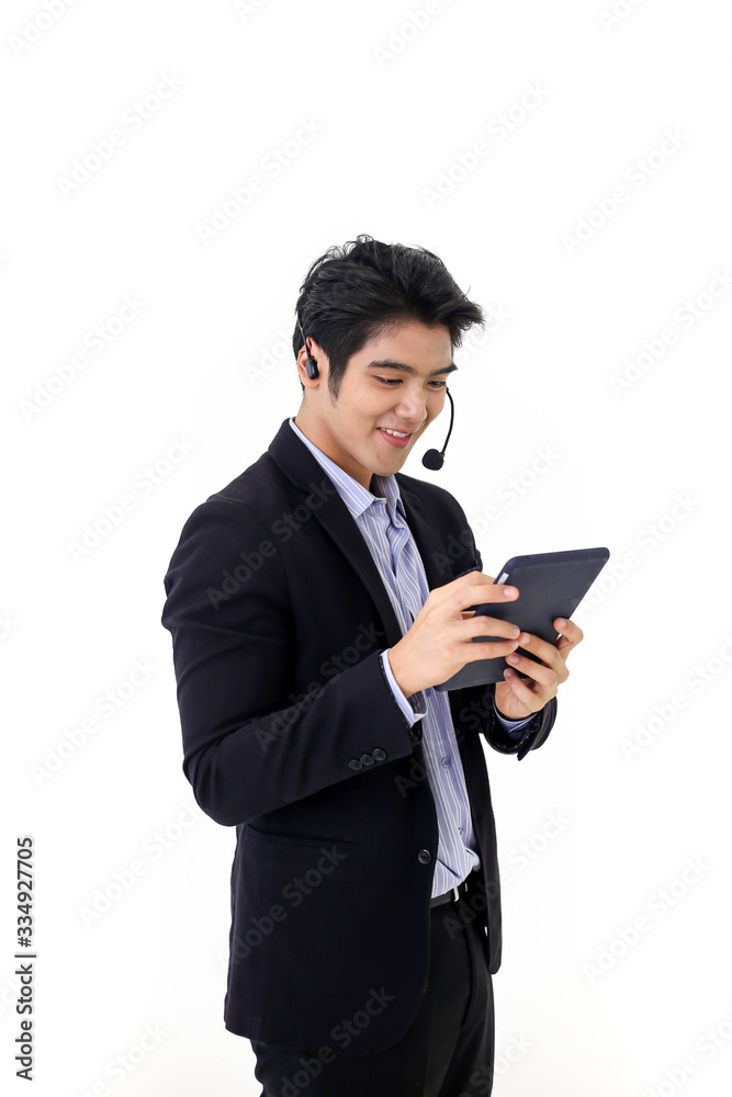 Asia call center workers or Confident business  with headset,Customer support standing on white background.