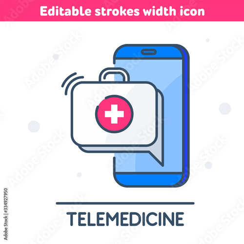 The telemedicine, online medicine outline icon. The first aid kit in the message bubble from the smartphone. The telehealth, emergency, urgency concept vector illustration with editable strokes width.