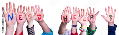Children Hands Building Colorful Word Need Help. White Isolated Background