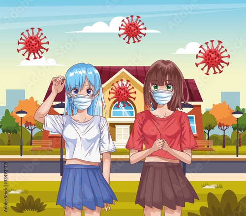 girls with face masks and covid19 particles outside the house