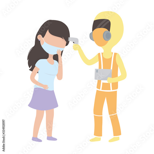 covid 19 coronavirus pandemic, doctor checking temperature a woman patient