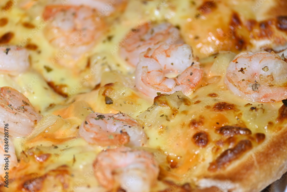 italian pizza cheese with pineapple and shrimp topping sea food italian pizza cheese with pineapple and shrimp topping sea food