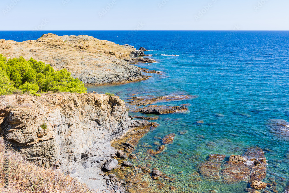 View of the tip of Cap Ras on the coastal path from Llansa to Colera, Costa Brava, Catalonia, Spain
