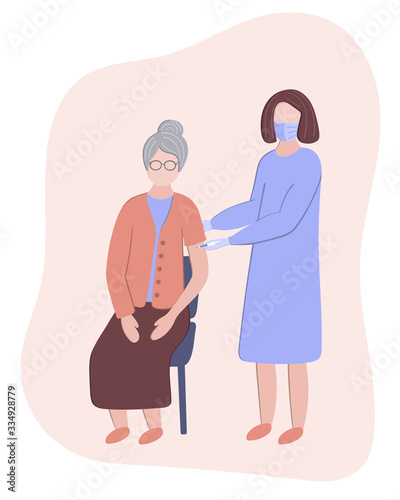 Elderly woman vaccinated by doctor. Immunity health vector illustration. Female senior and nurse