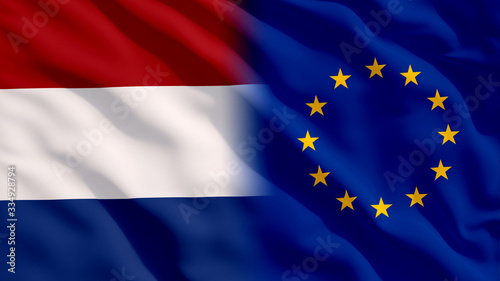 Waving Netherlands and EU National Flags with Fabric Texture