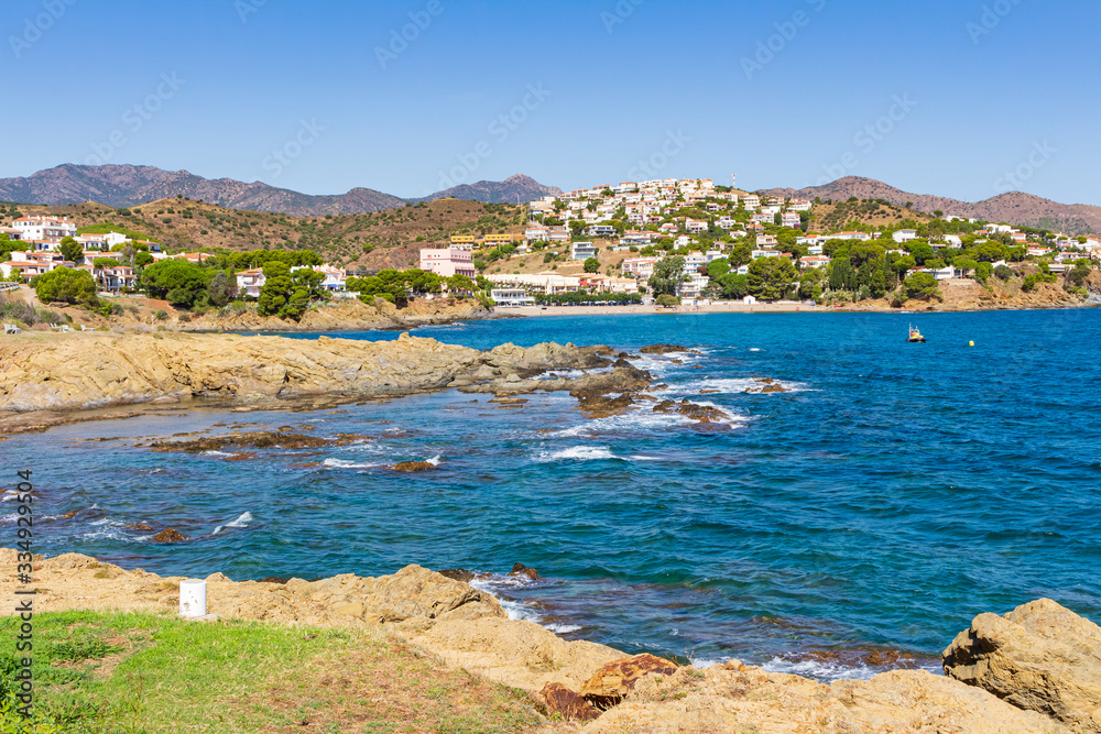View of the bay of Cala Grifeu from the coastal road from Llansa to Colera. Costa Brava, Catalonia, Spain