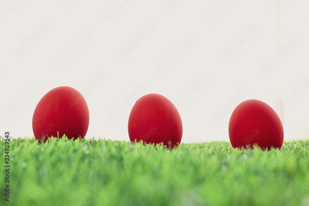 red easter egg on lawn green grass artificial with blank white background red easter egg on lawn green grass artificial with blank white background