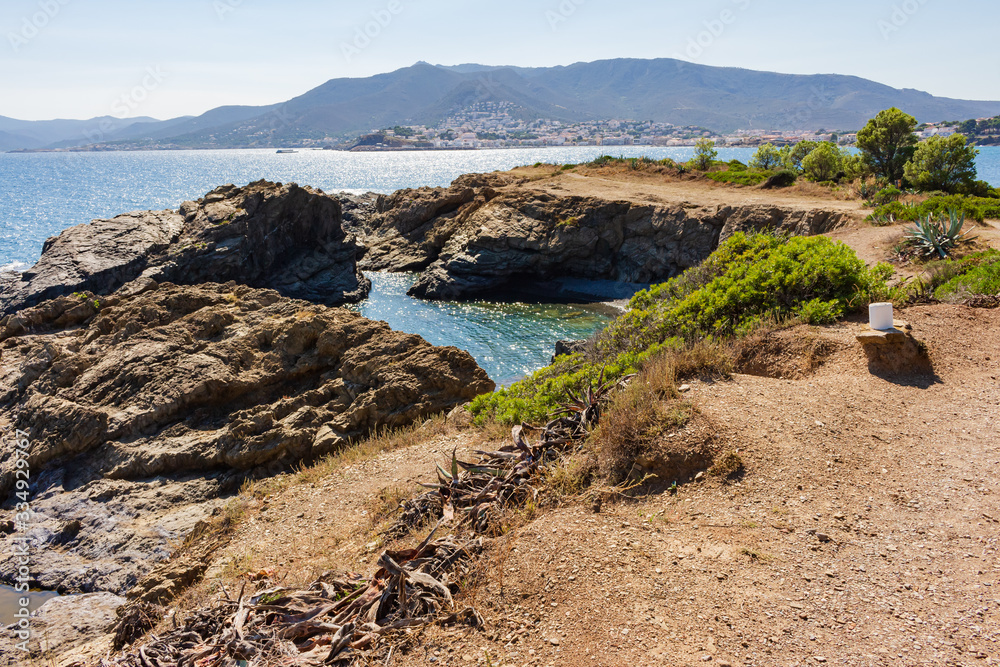 View of Cala Bramant from the coastal road from Llansa to Colera. Costa Brava, Catalonia, Spain