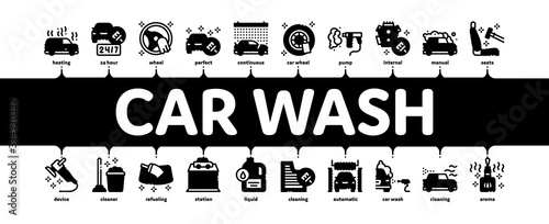 Car Wash Auto Service Minimal Infographic Web Banner Vector. Automatical Car Wash Building And Equipment, Cleaning Liquid Bottle And Air Freshener Illustrations
